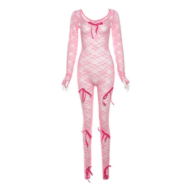 Long sleeve bowknot u neck lace see through jumpsuit-final-sale