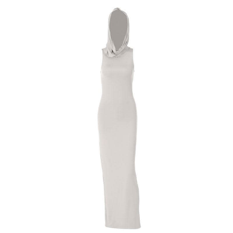 Slit sleeveless hoodie solid maxi dress-final-sale
