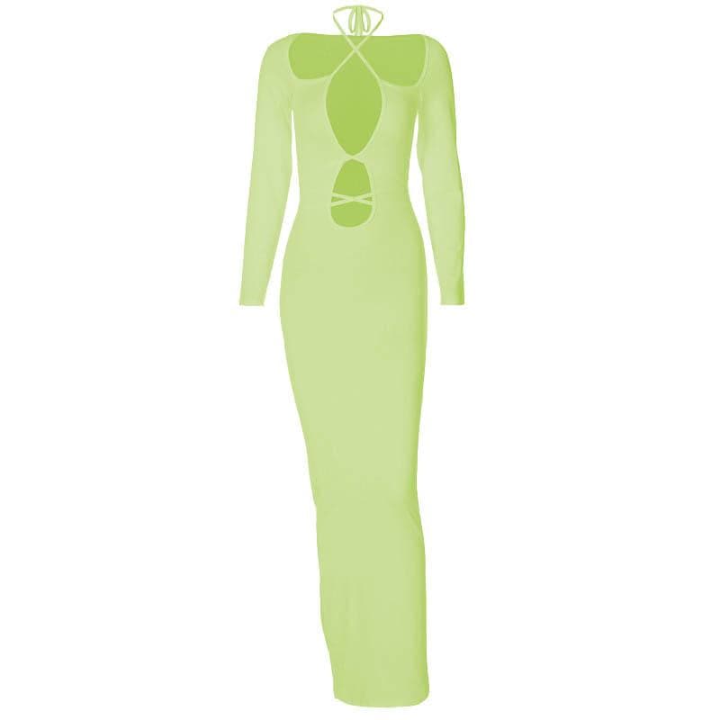 Hollow out self tie solid long sleeve cross front cut out maxi dress