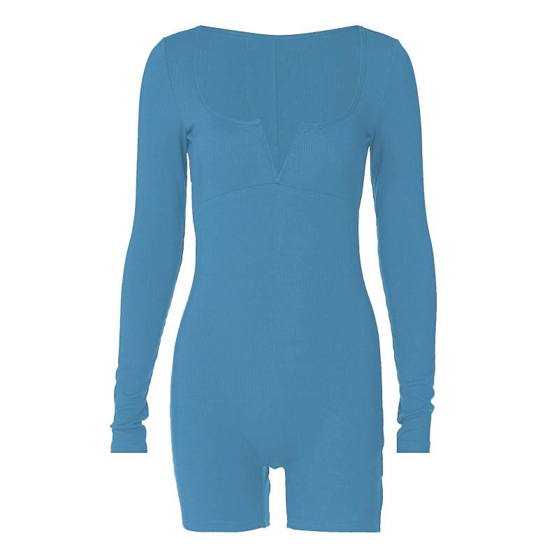 Ribbed notch neck long sleeve solid romper