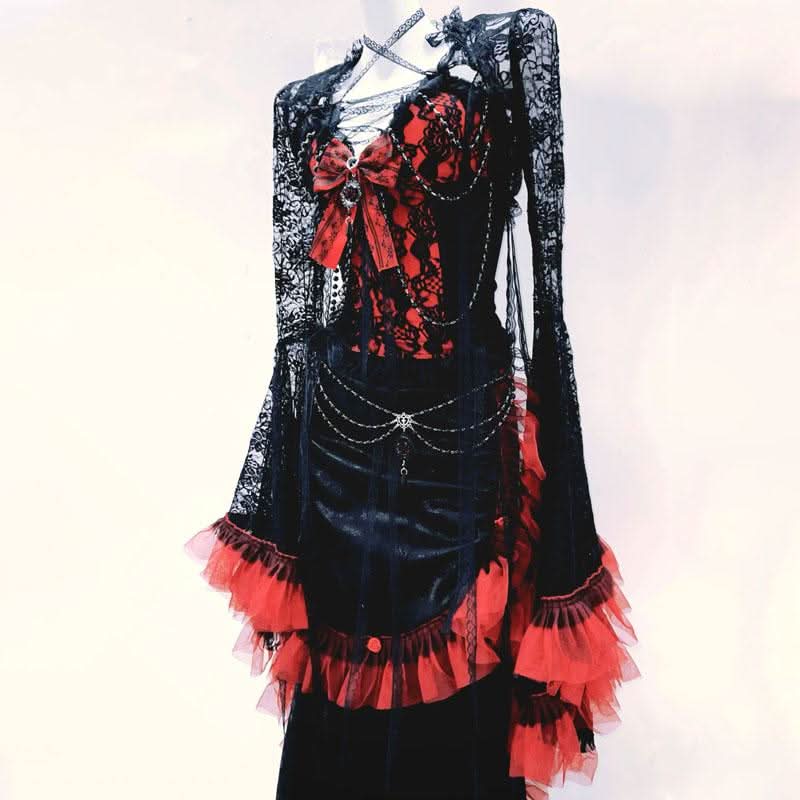 Long flared sleeve lace bowknot pleated maxi dress