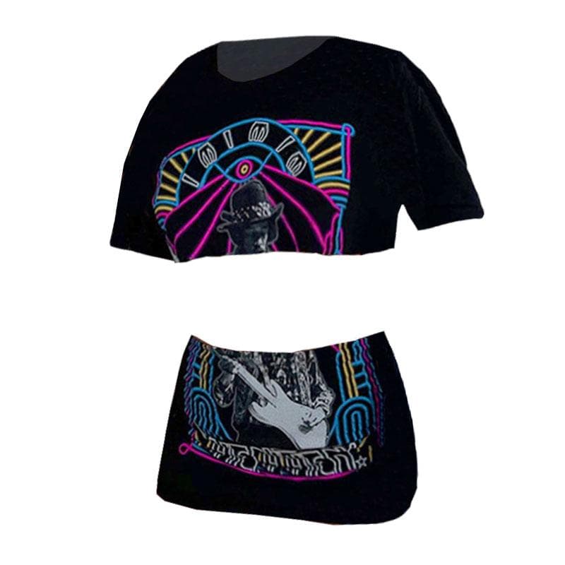 Crewneck short sleeve abstract contrast mini skirt set