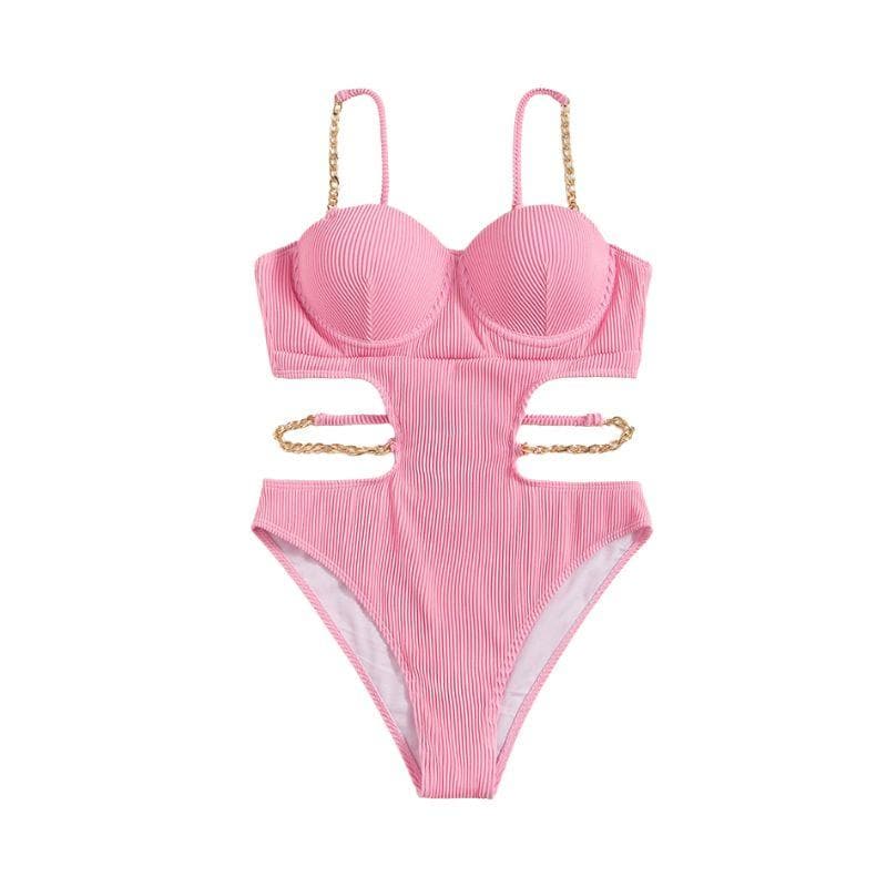 Metal chain button padded solid self tie one piece swimwear
