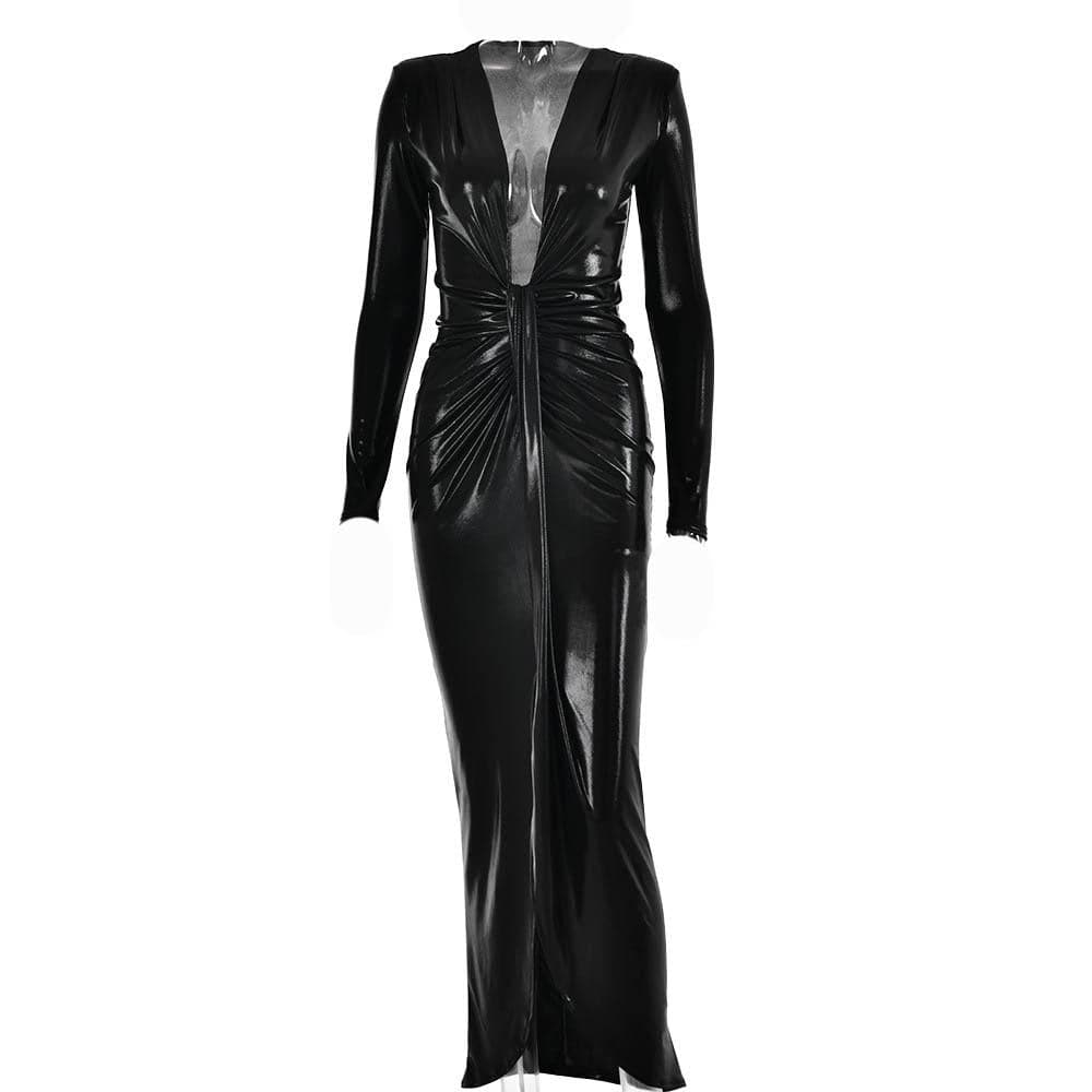 Ruched Metallic Long Sleeve V Neck Knotted Front Maxi Dress