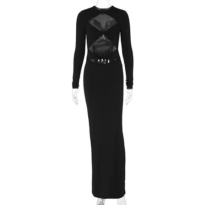Crewneck long sleeve hollow out cut out maxi dress