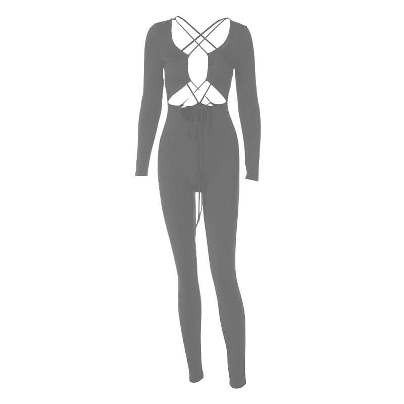 Cross front long sleeve hollow out lace up solid jumpsuit - Final Sale