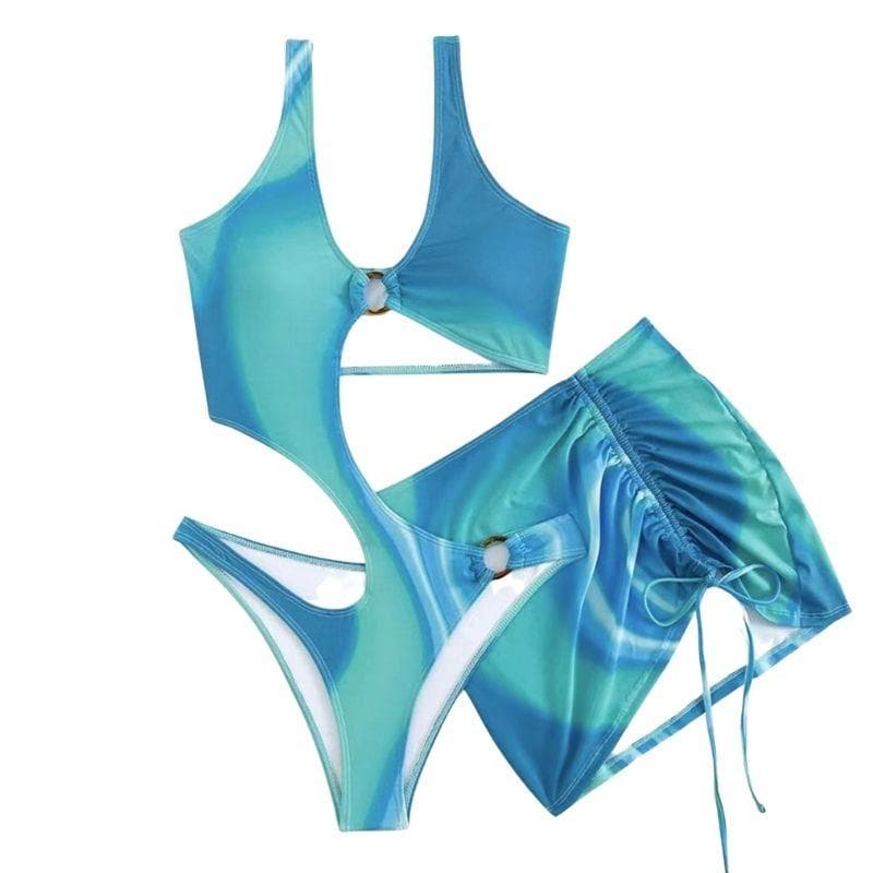 Hollow out o ring contrast drawstring one piece swimwear with cut out mini skirt