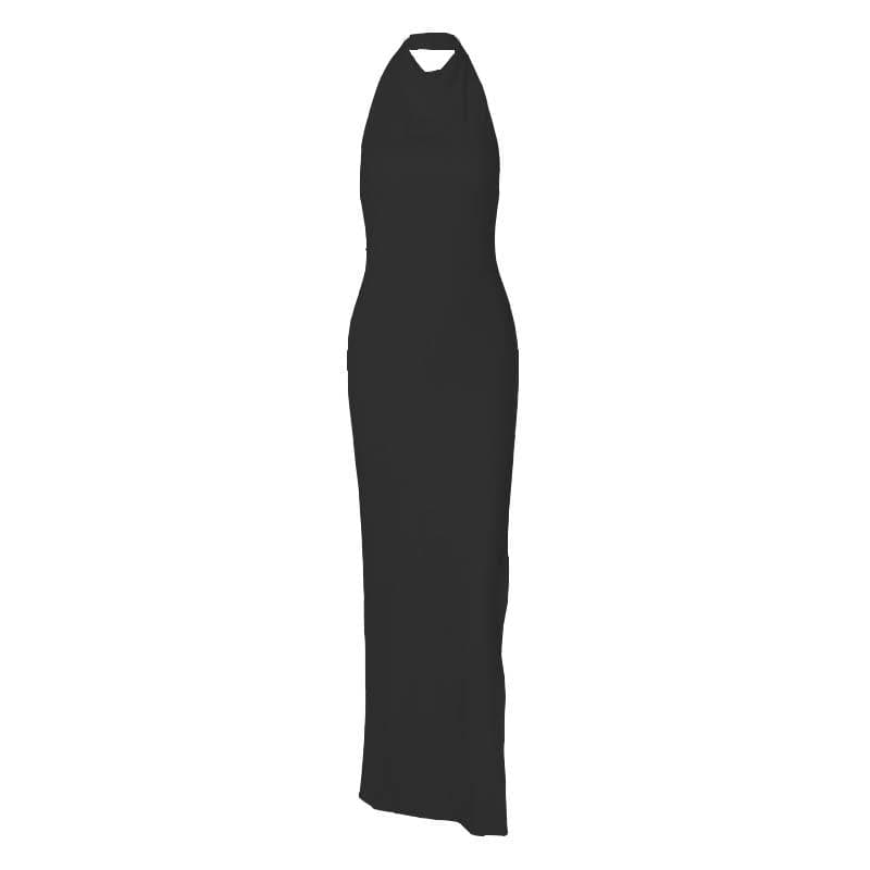 Slit halter sleeveless solid backless ruched maxi dress-final-sale