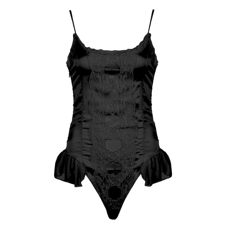 Lace patchwork satin ruffle cami bodysuit