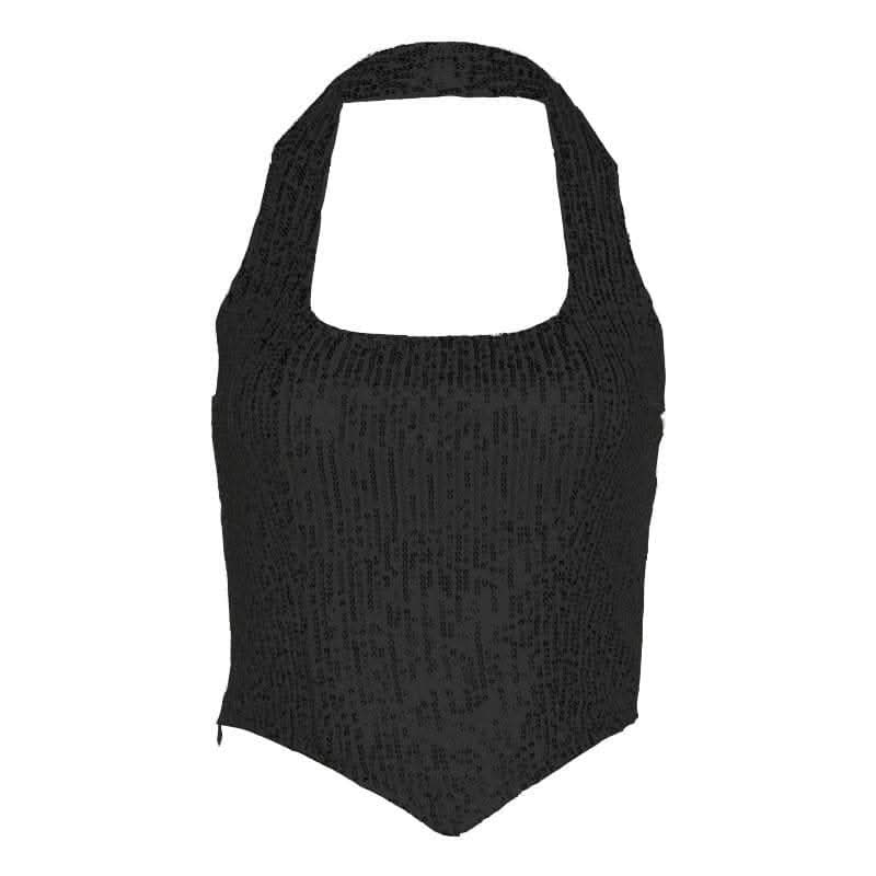 Beaded halter zip-up backless solid sleeveless crop top-final-sale