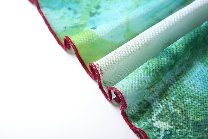 Sheer mesh ruffle square neck print tank maxi dress