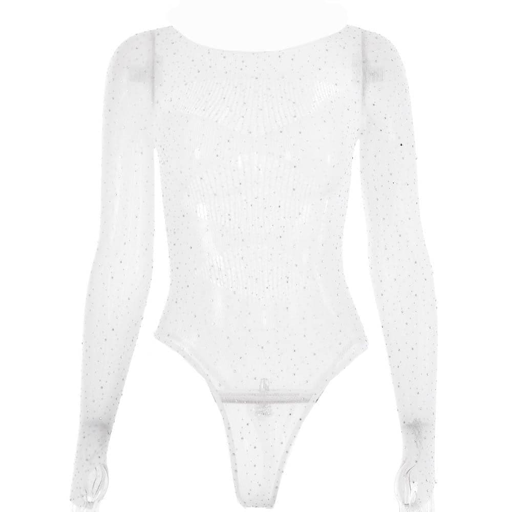 Fishnet solid beaded long sleeve gloves round neck bodysuit