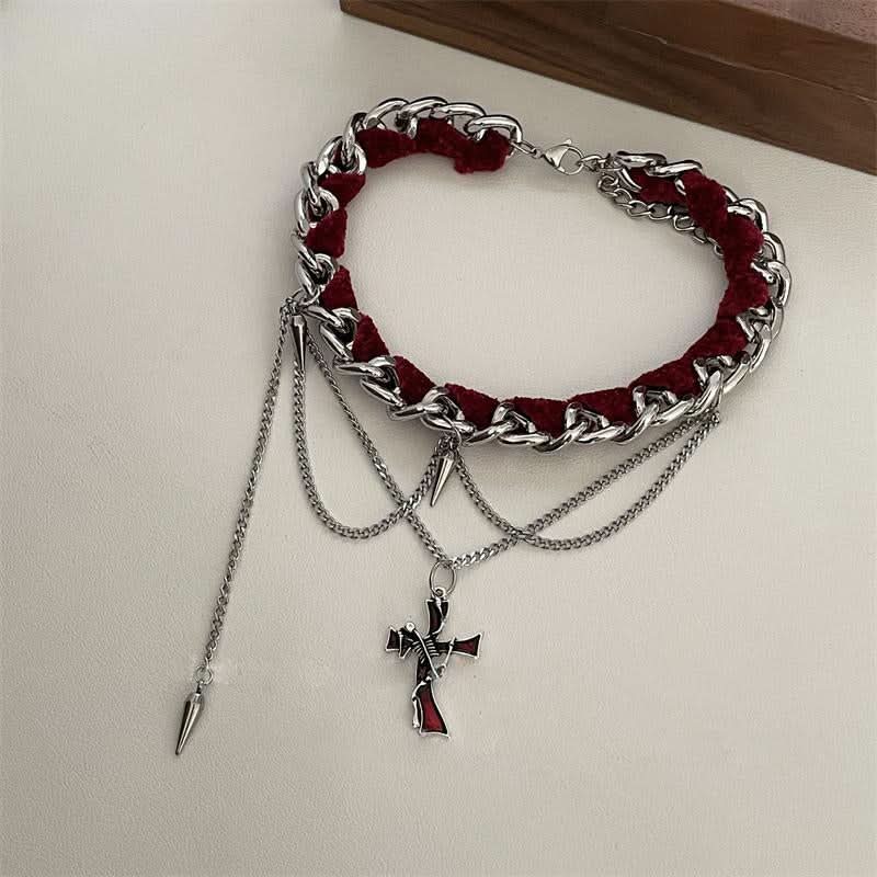Metal chain cross decor red choker necklace