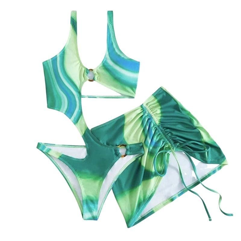 Hollow out o ring contrast drawstring one piece swimwear with cut out mini skirt