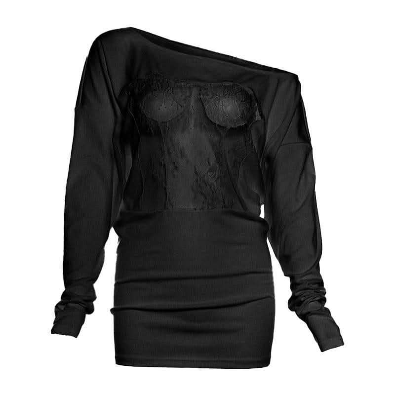 Irregular long sleeve lace see through solid top