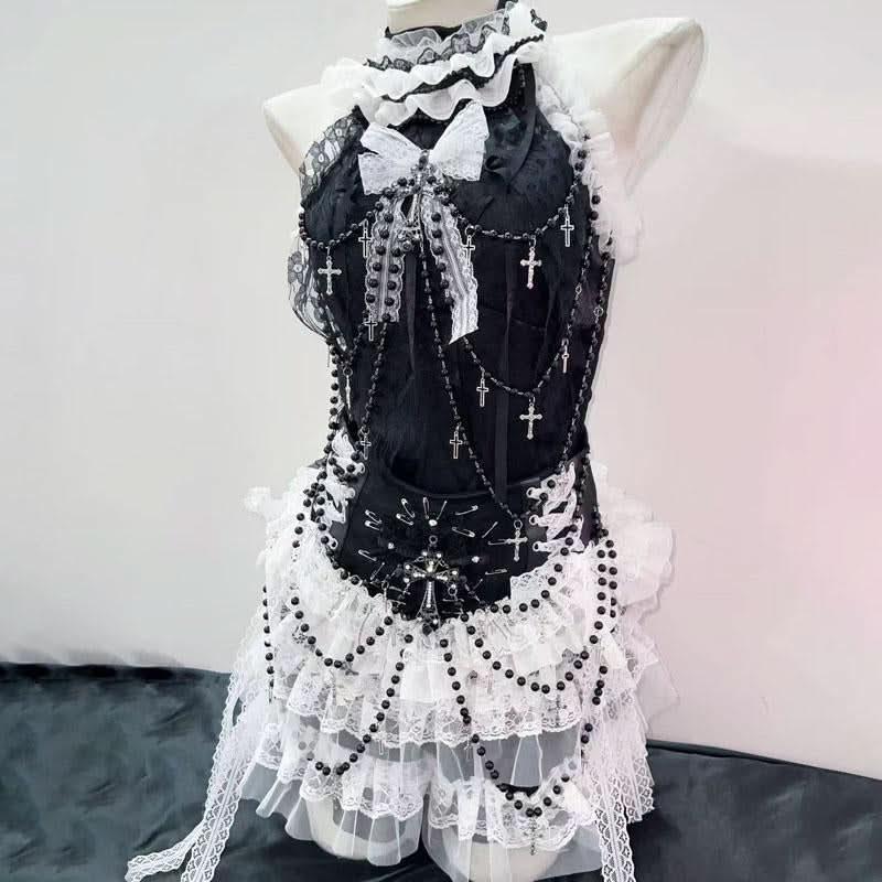 Bowknot beaded ruffle halter ruched mini skirt set