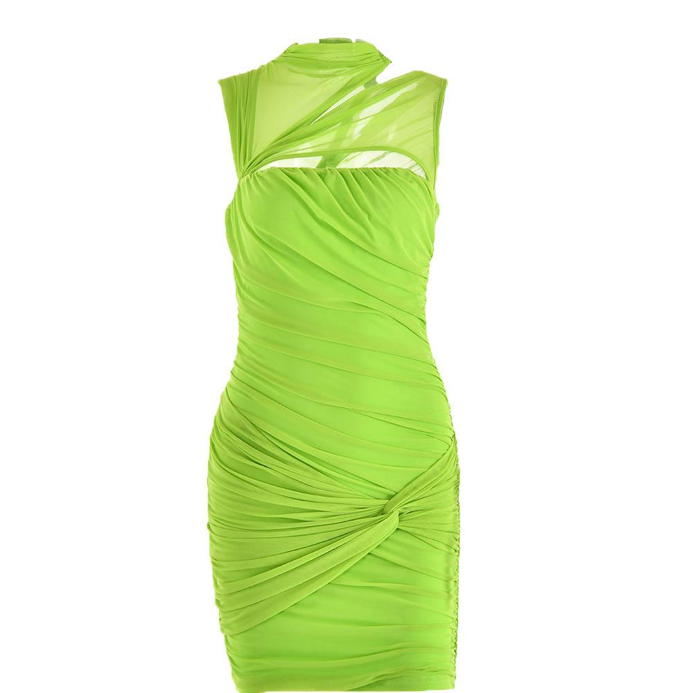 Sleeveless irregular hollow out mesh knotted ruched cut out mini dress