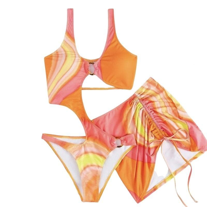 Hollow out o ring contrast drawstring one piece swimwear with cut out mini skirt