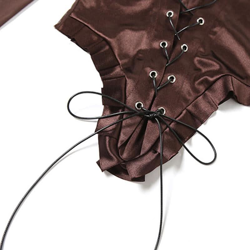 Long sleeve mesh square neck lace up top