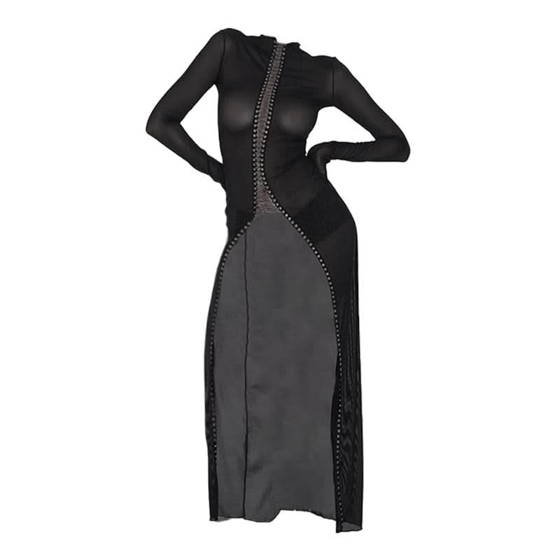 Long sleeve hollow out mesh solid cut out maxi dress