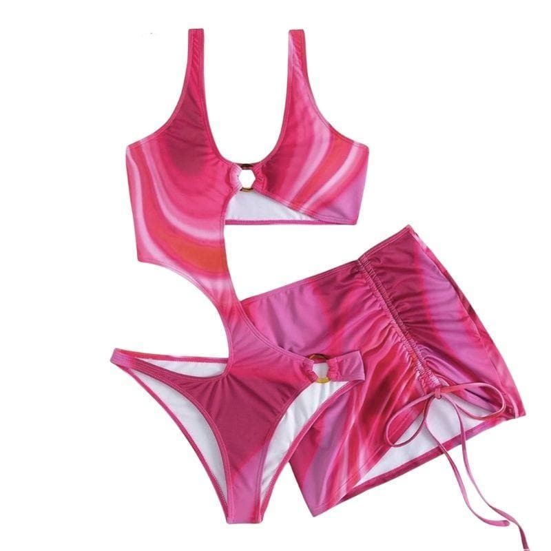 Hollow out o ring contrast drawstring one piece swimwear with cut out mini skirt