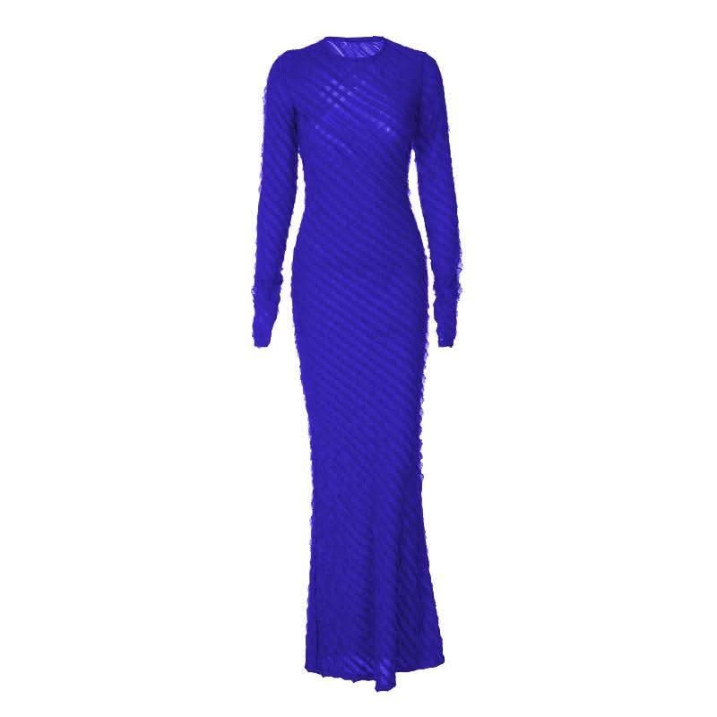 Textured long sleeve crewneck ruffle solid maxi dress-final-sale
