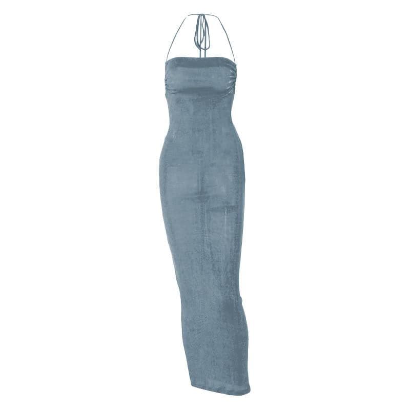 Halter Criss Cross Tie Back Cowl Back Maxi Dress