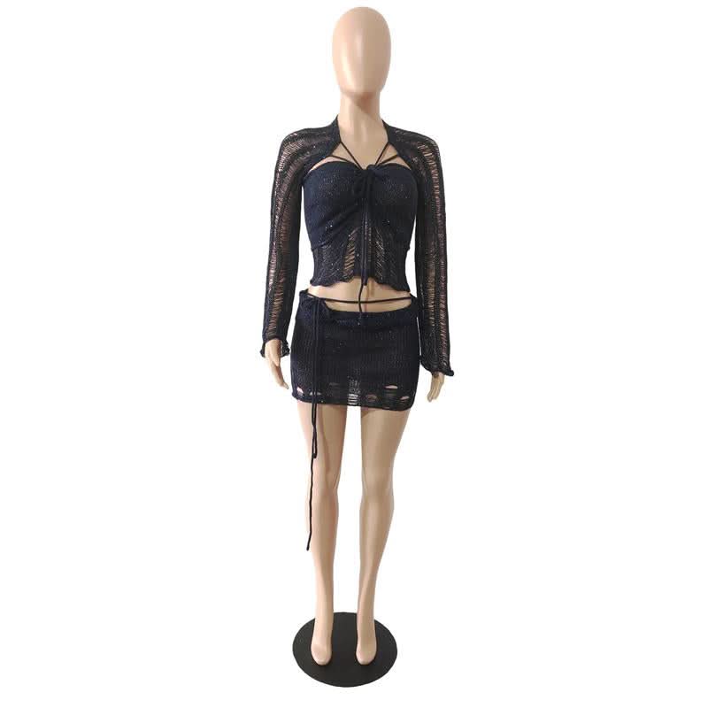 Glitter knitted long sleeve hollow out 3 piece mini skirt set