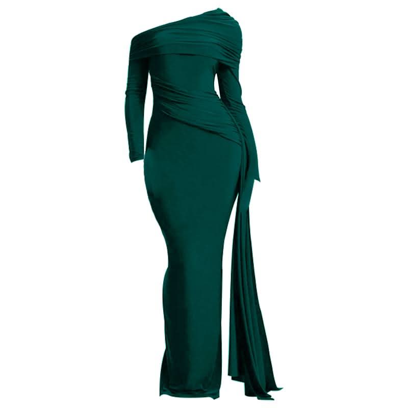 One shoulder long sleeve ruched slit maxi dress