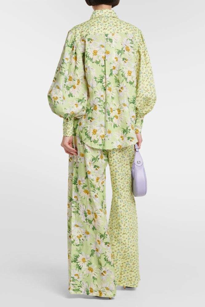 Floral Long Sleeve Shirt Collar Top & High Waist Pants Set