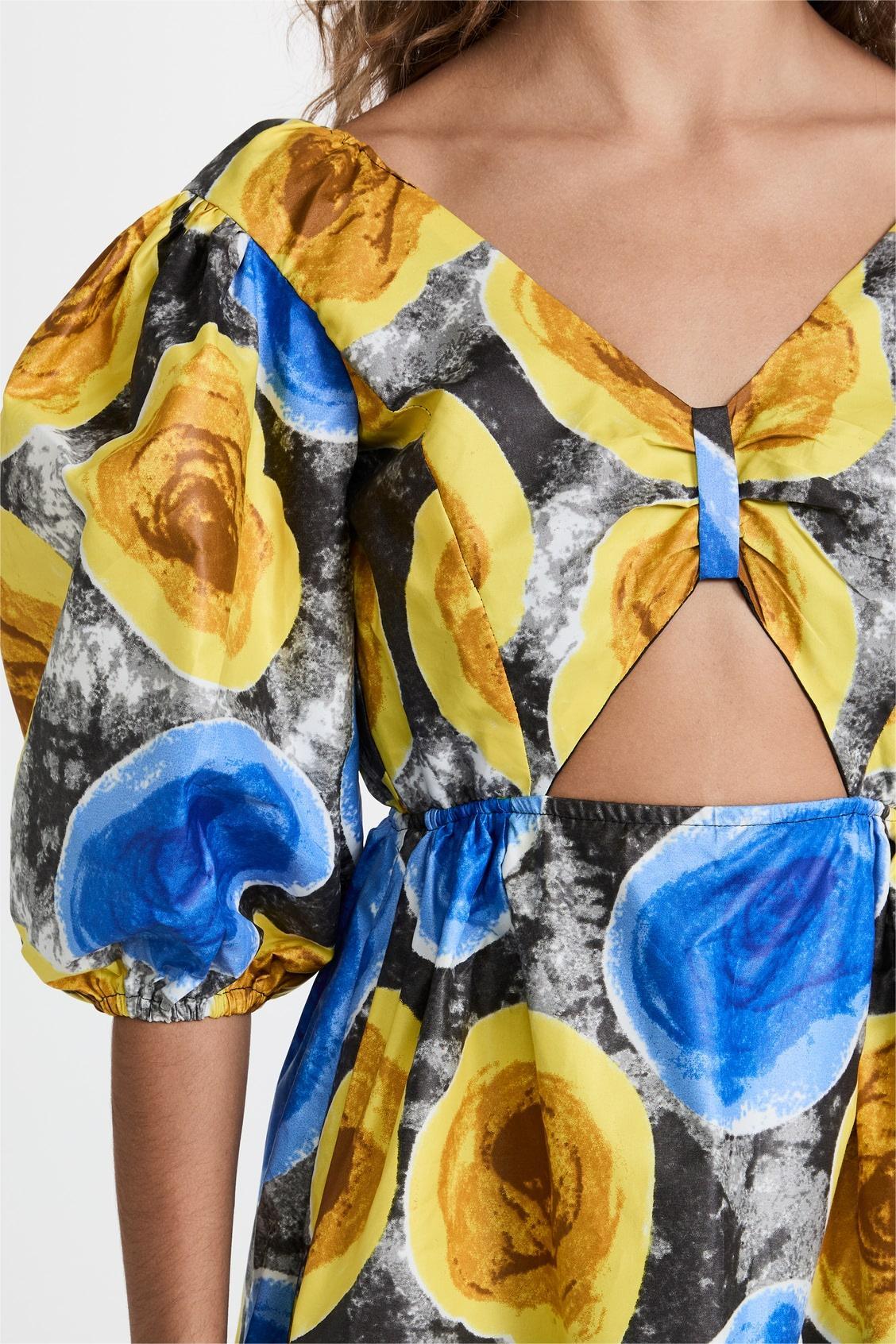 Floral V-Neck Puff Sleeve Cut-Out Midi Dress