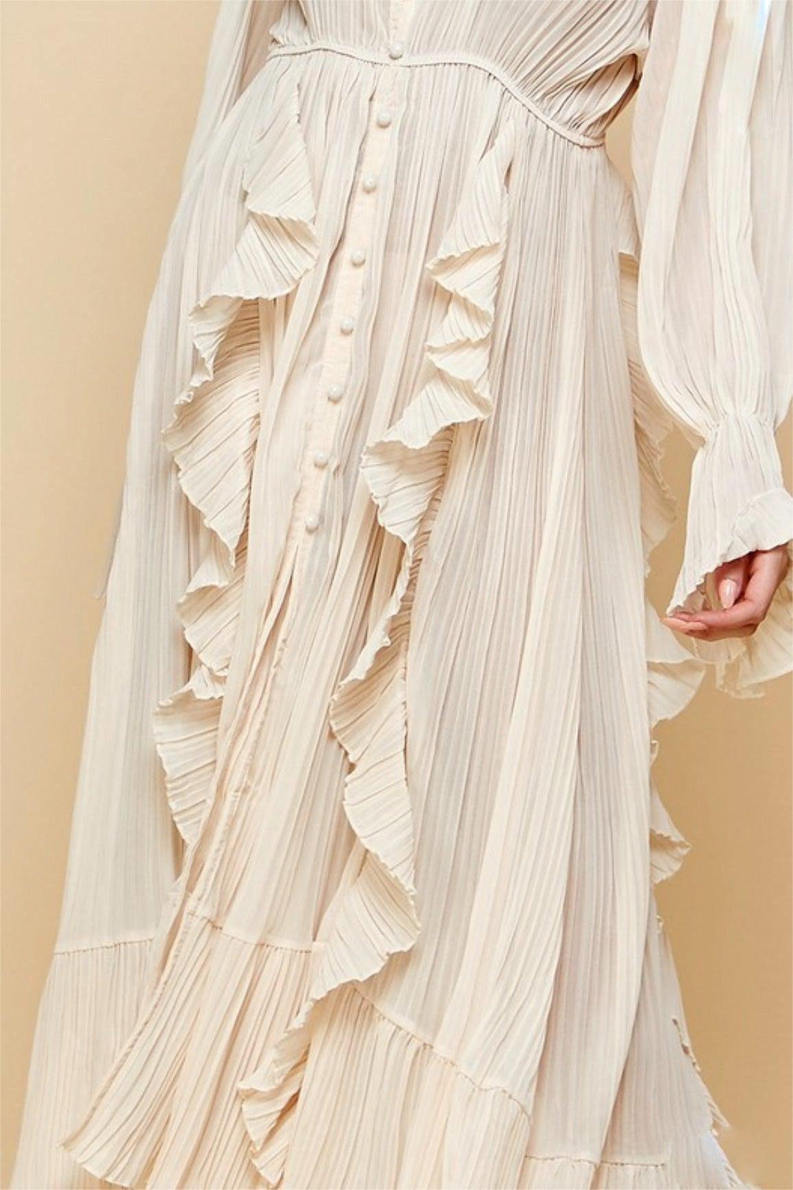 Solid Ruched Single Breasted Ruffle Midi Dress