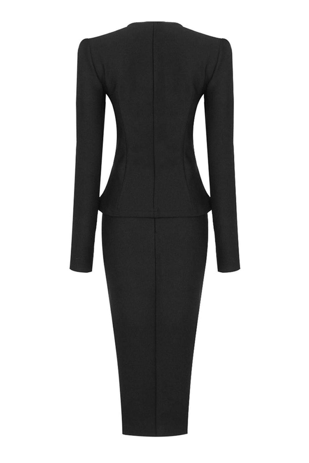 V-Neck Long Sleeve Single Breasted Blazer & Mid Waist Midi Skirt Set