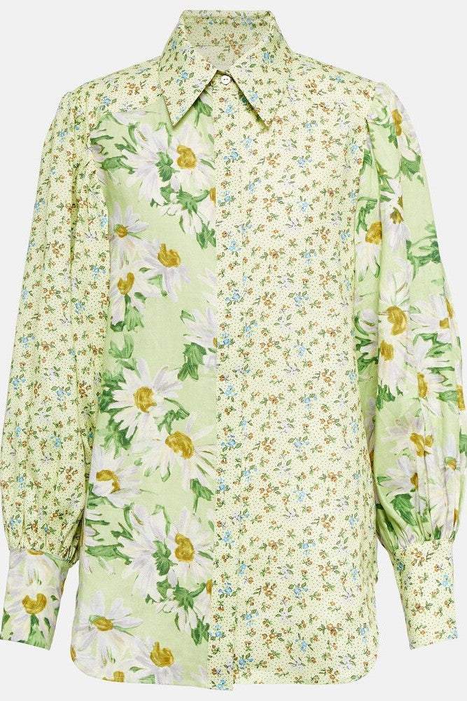 Floral Long Sleeve Shirt Collar Top & High Waist Pants Set