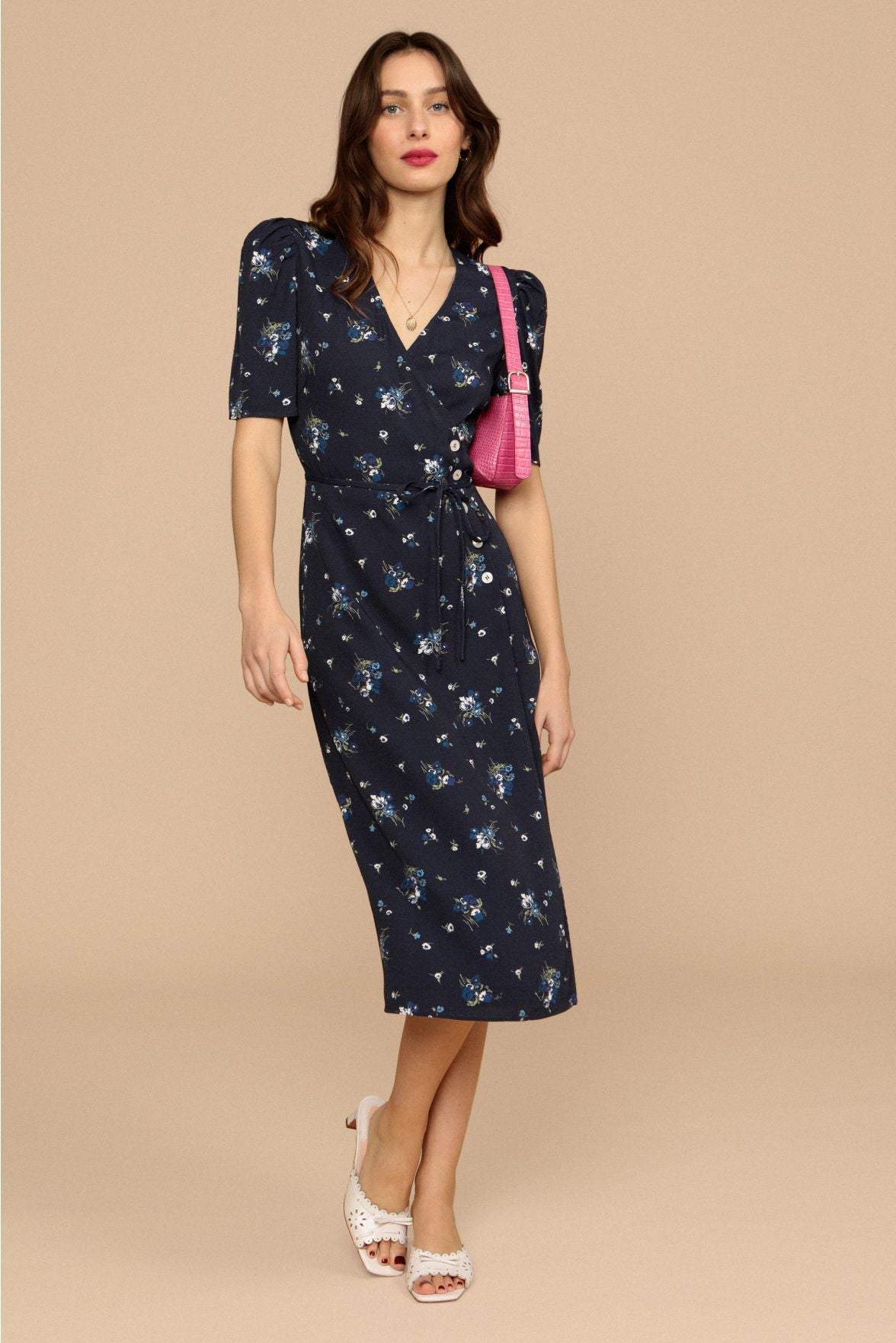 Floral Short Sleeve V-neck Midi Dress Green