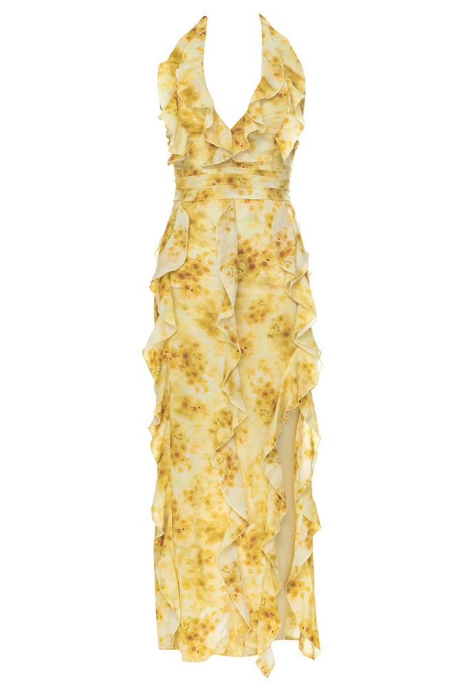Floral Ruffle Halter Neck Split Maxi Dress