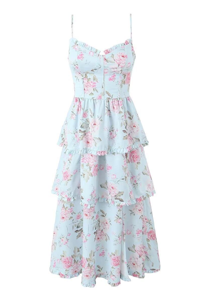Floral Sweetheart Neck Ruffle Slip Split Midi Dress