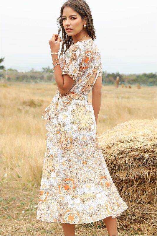 Printed V-Neck Ruffle Hem Lace Up Midi Dress