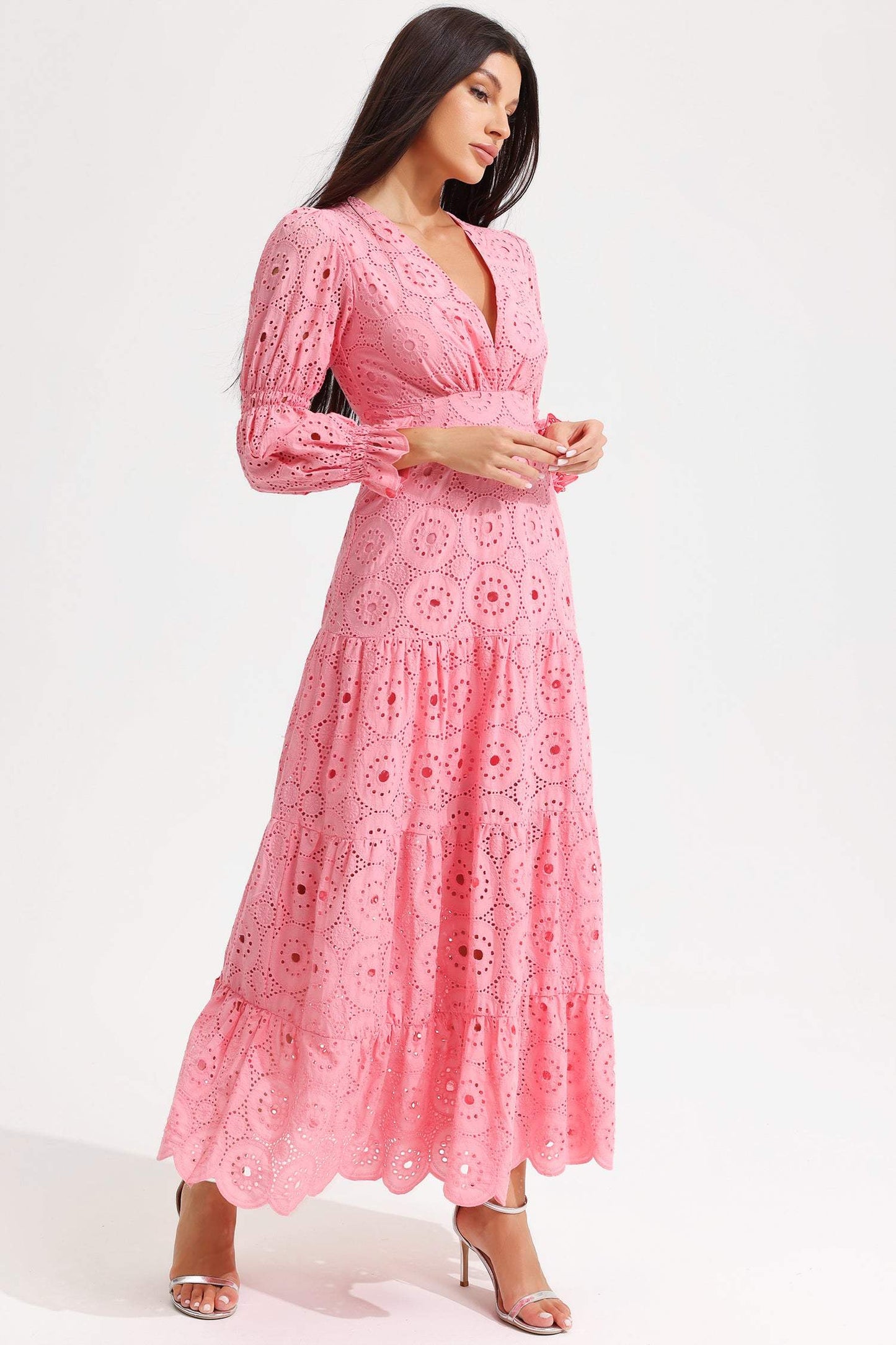 V-Neck Lantern Sleeve Tapered Waist Midi Dress Pink