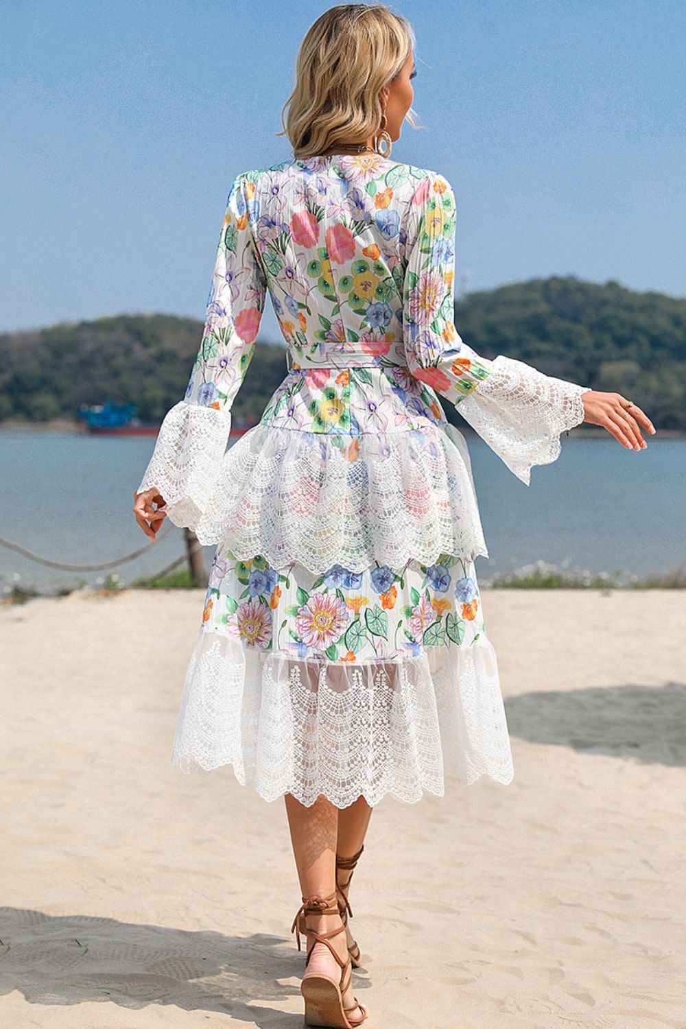 Printed V-Neck Lace Patchwork Lace Up Dress