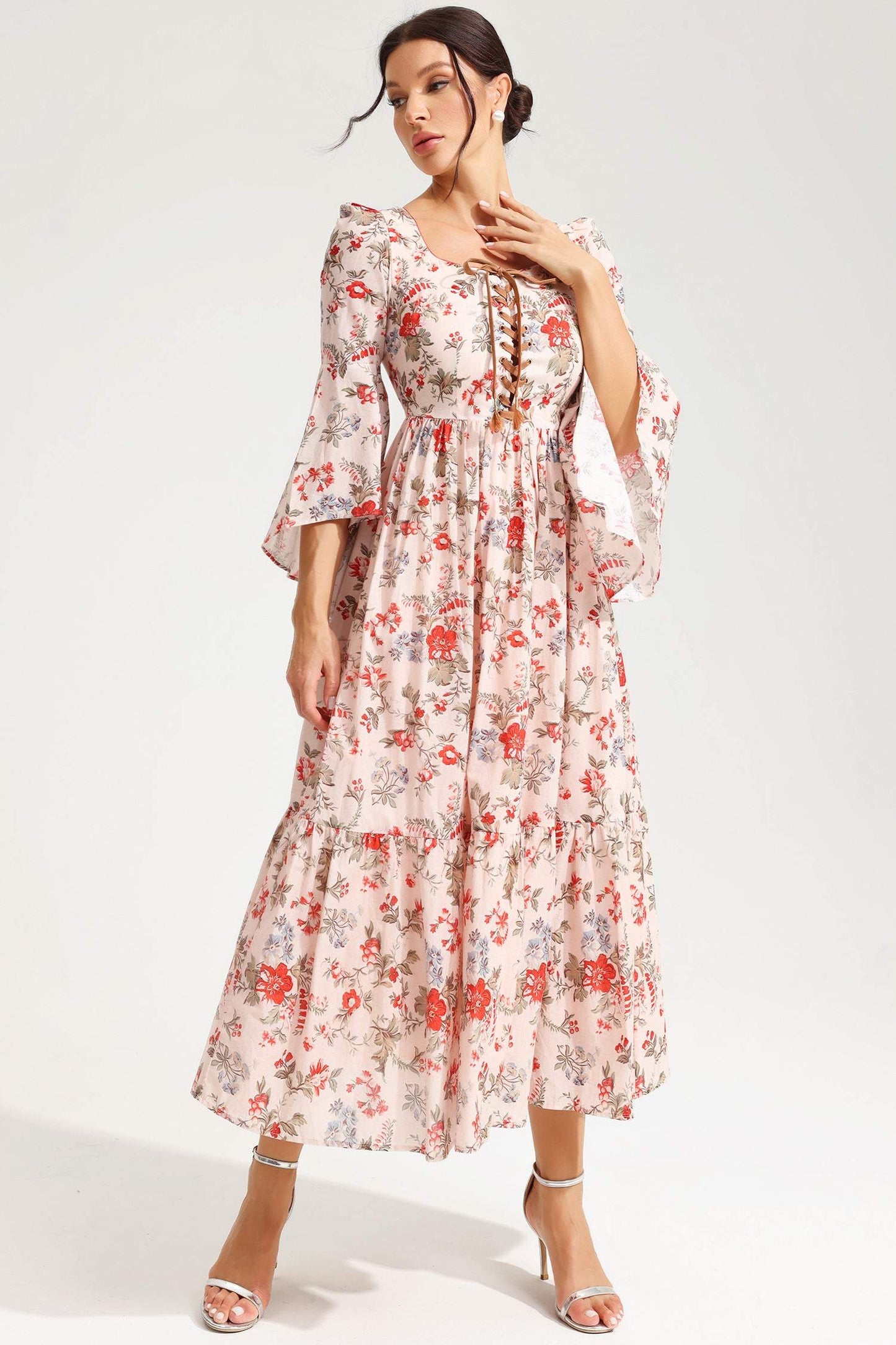 Floral Square Collar Flared Sleeve Lace Midi Dress