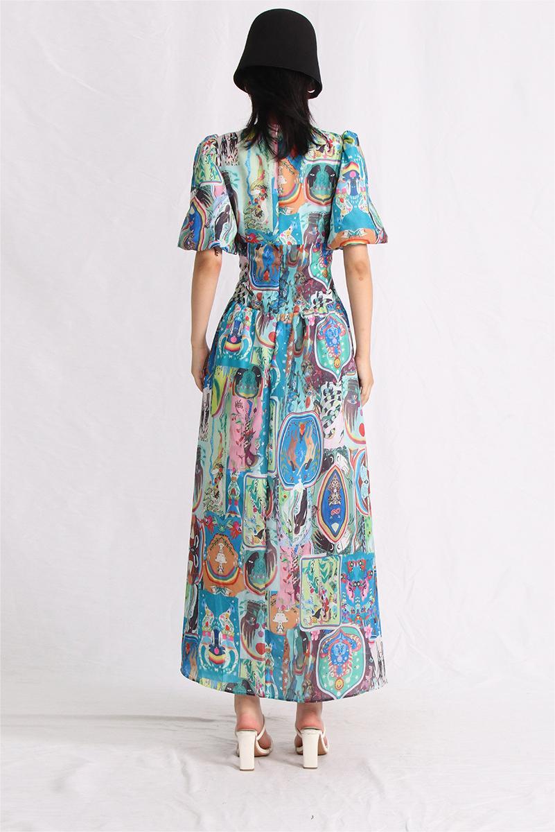Printed Puff Sleeve V-Neck Buckle Maxi Dress