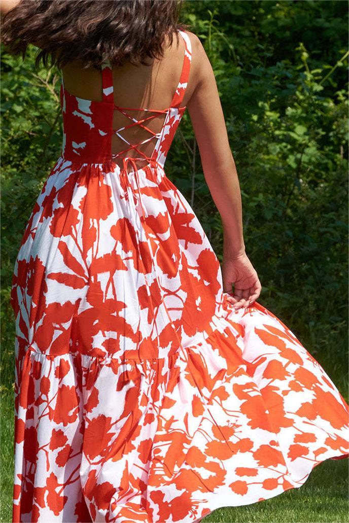 Sleeveless Square Collar Lace Up Maxi Dress