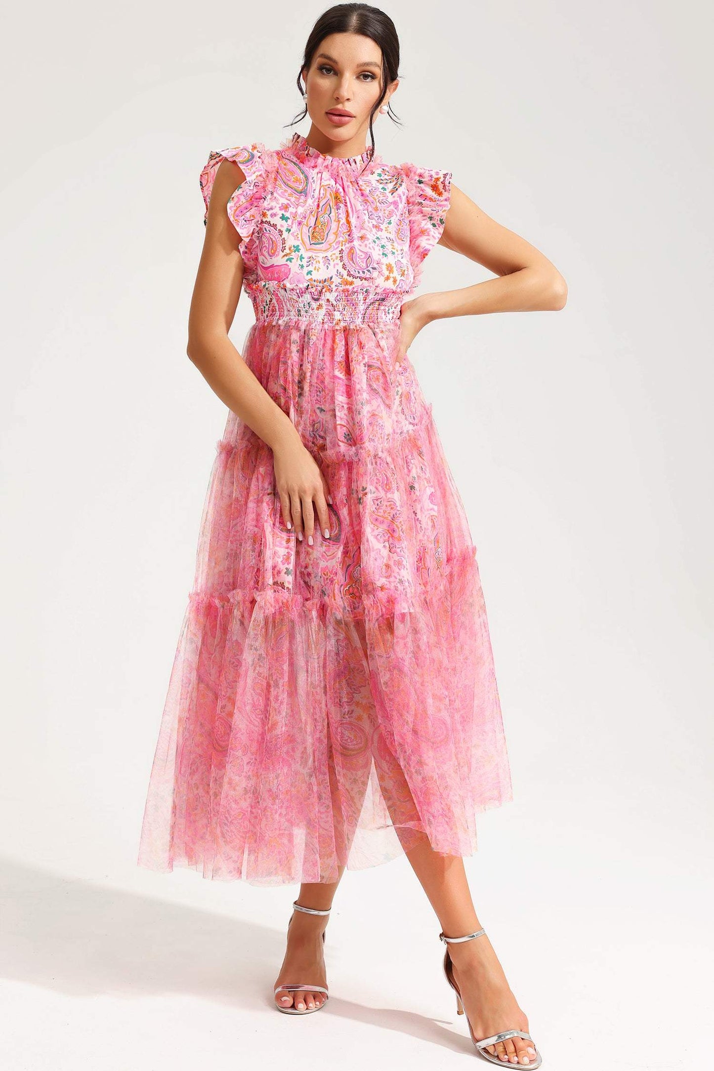 Floral Flatter Sleeve Crew Collar Midi Dress Pink