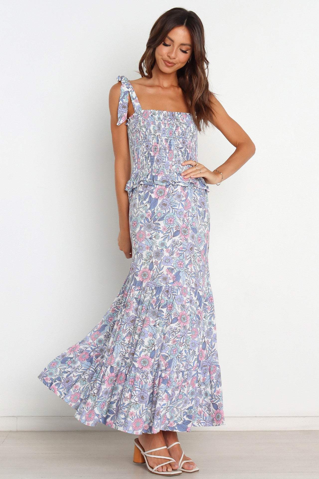 Floral Smocked Elastic Lace Up Cami Midi Dress