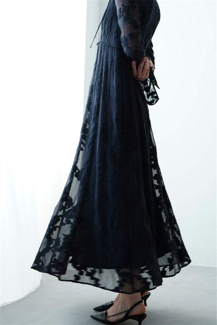 Horn Sleeve Irregular Collar Hollow Midi Dress Black