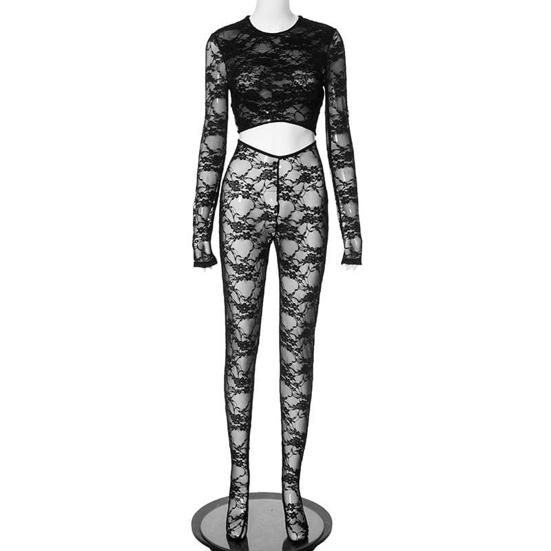Long sleeve crewneck lace see through zip-up jumpsuit
