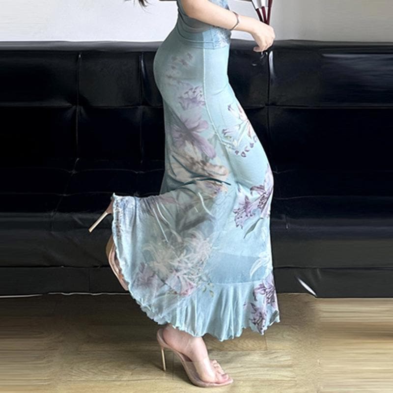 Ruched ruffle cowl neck flower print mesh maxi skirt set