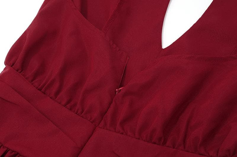 Halter deep v neck ruched backless tie applique mini dress