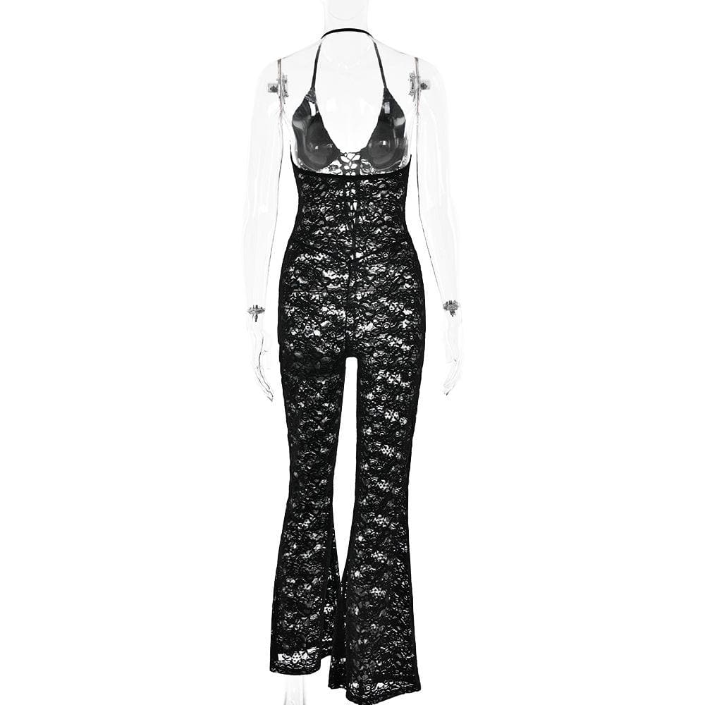 Halter lace lace up see through jumpsuit